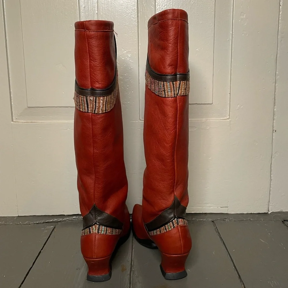 John Fluevog Red Heeled Boots with Striped Detail - Picture 4 of 5